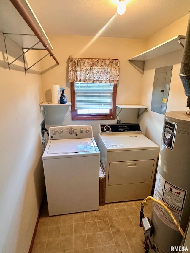 laundry room with washing machine and dryer, laundry area, baseboards, water heater, and electric panel