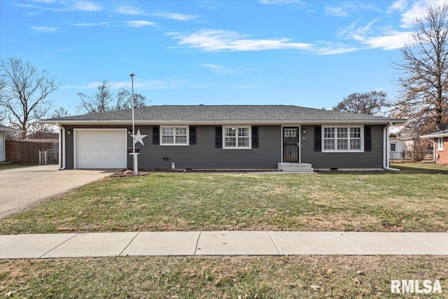 ranch-style home featuring fence, a front yard, driveway, crawl space, and an attached garage