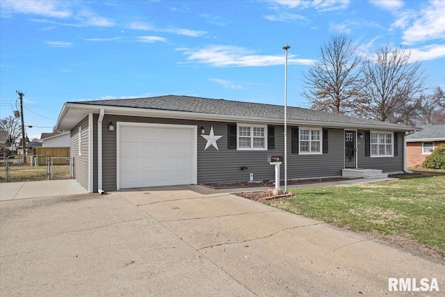 ranch-style house featuring a front lawn, a gate, driveway, fence, and a garage