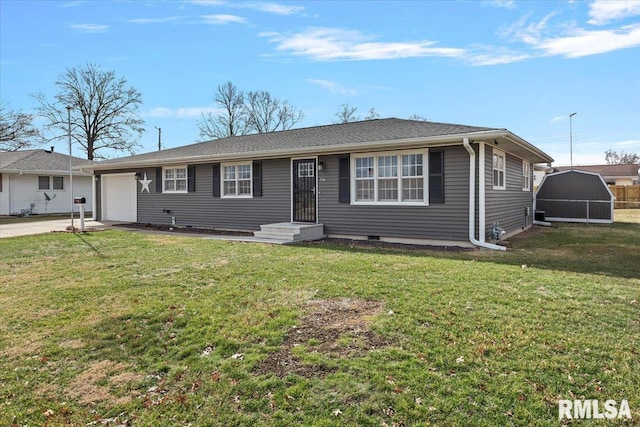 ranch-style house with concrete driveway, a garage, and a front yard