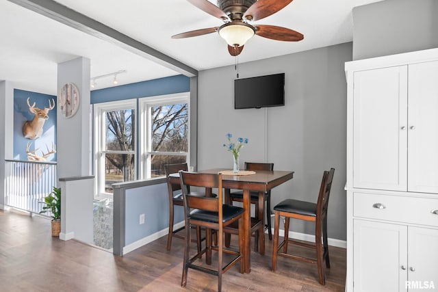 dining space featuring rail lighting, baseboards, and wood finished floors