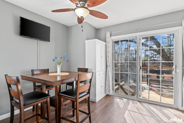 dining area with ceiling fan, baseboards, and wood finished floors