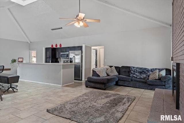 living room featuring visible vents, light tile patterned flooring, ceiling fan, high vaulted ceiling, and beamed ceiling