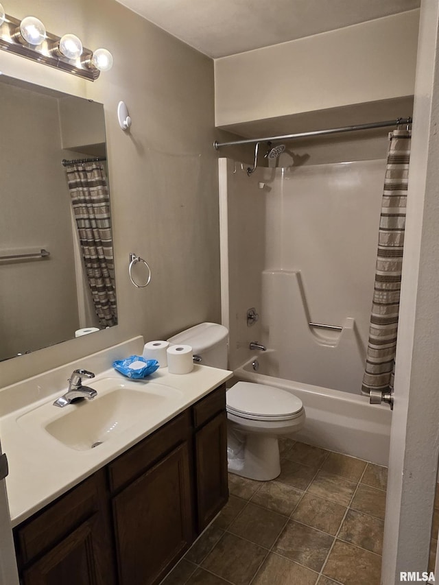 bathroom with toilet, shower / bath combination with curtain, and vanity