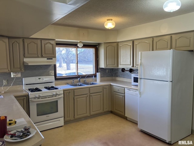 kitchen with white appliances, light countertops, a sink, and under cabinet range hood