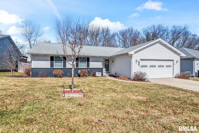 ranch-style home featuring a garage, a front yard, driveway, and a shingled roof