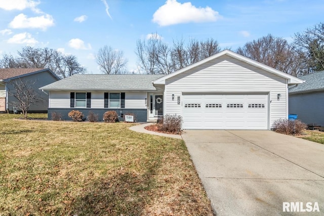 ranch-style home featuring an attached garage, concrete driveway, a front lawn, and a shingled roof