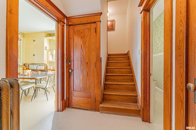 staircase with carpet flooring