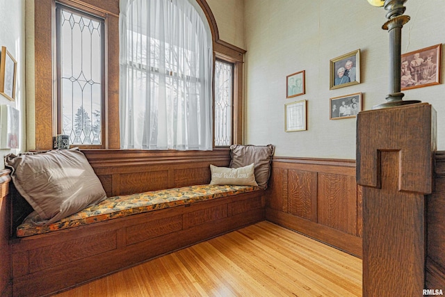 sitting room featuring a wainscoted wall and light wood-type flooring