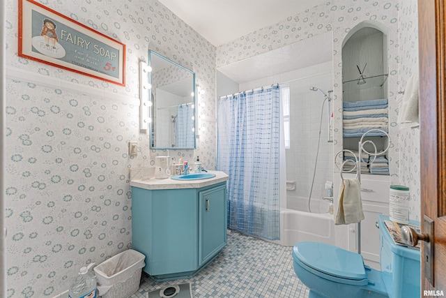 full bathroom featuring wallpapered walls, toilet, shower / tub combo, vanity, and tile patterned floors
