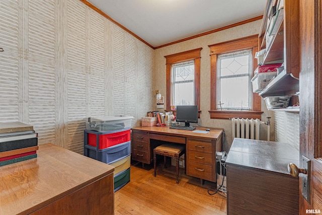 home office with wallpapered walls, ornamental molding, light wood-style flooring, and radiator