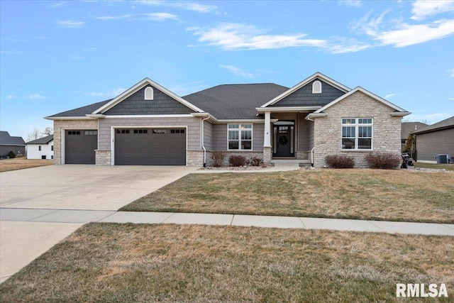 craftsman-style house featuring an attached garage, stone siding, concrete driveway, and a front yard