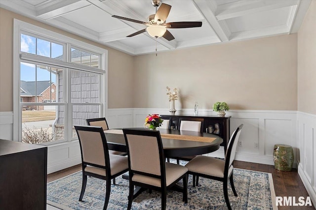 dining room with coffered ceiling, dark wood finished floors, and beam ceiling