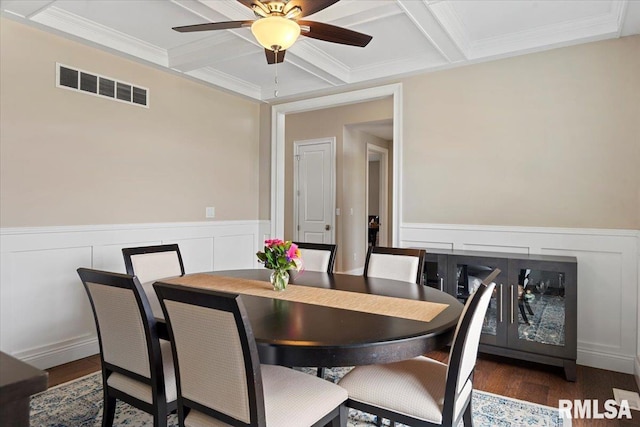 dining area featuring beam ceiling, visible vents, wainscoting, wood finished floors, and coffered ceiling