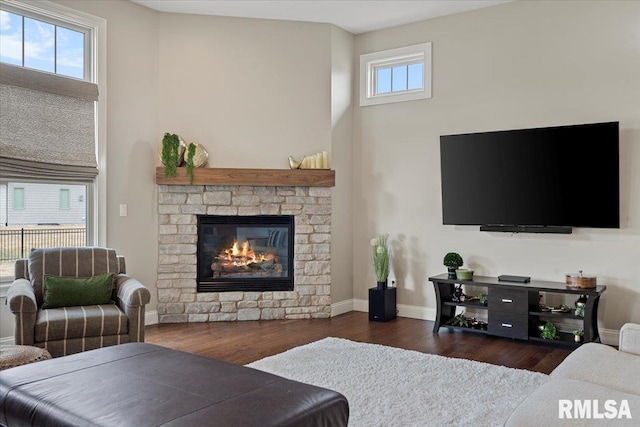 living room with baseboards, wood finished floors, and a stone fireplace