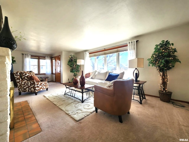 living area with carpet and baseboards