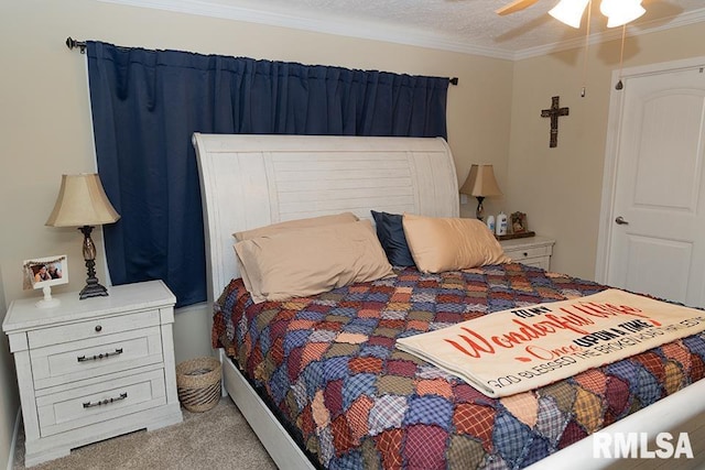 carpeted bedroom featuring crown molding, a textured ceiling, and ceiling fan