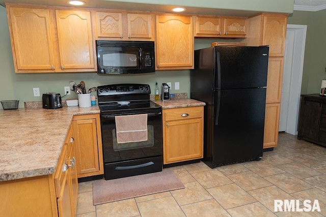 kitchen with ornamental molding, light countertops, black appliances, and light brown cabinetry