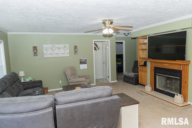 living room featuring ornamental molding, light carpet, a fireplace, and a textured ceiling