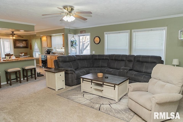 living area with light carpet, ornamental molding, a textured ceiling, and a ceiling fan