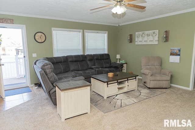 living area with light carpet, a textured ceiling, and crown molding