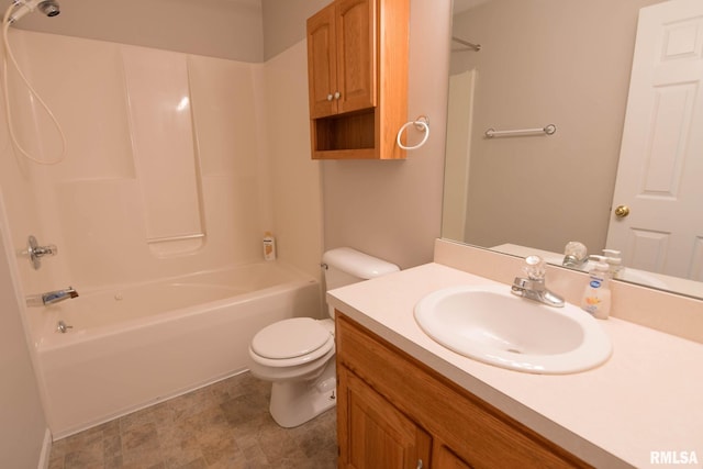 full bath featuring toilet, vanity, and bathing tub / shower combination