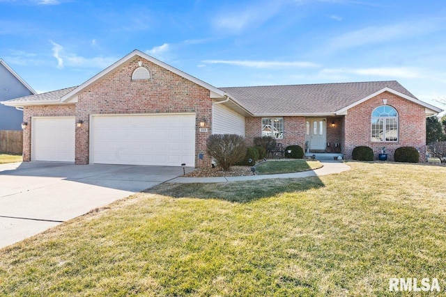 ranch-style house featuring brick siding, roof with shingles, an attached garage, driveway, and a front lawn