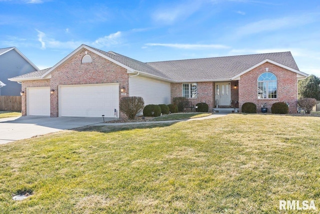 ranch-style home featuring a garage, concrete driveway, brick siding, and a front yard