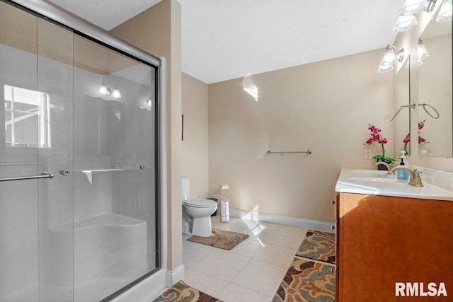 full bath featuring a stall shower, tile patterned flooring, vanity, and toilet