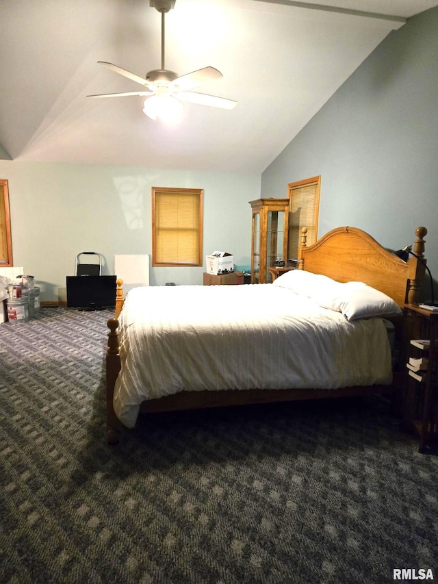 bedroom featuring ceiling fan, carpet, and vaulted ceiling