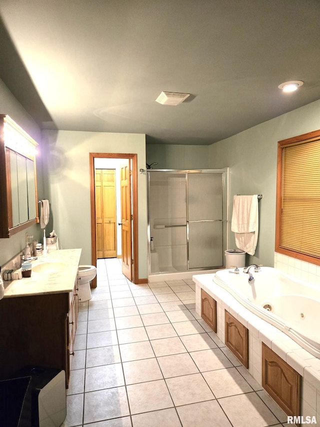 full bath with visible vents, a shower stall, vanity, tile patterned flooring, and a jetted tub