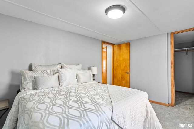 bedroom with carpet, a closet, a spacious closet, and baseboards