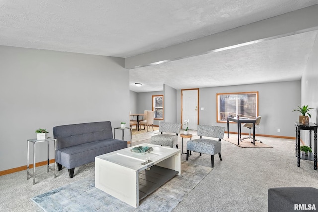 carpeted living area with a textured ceiling and baseboards