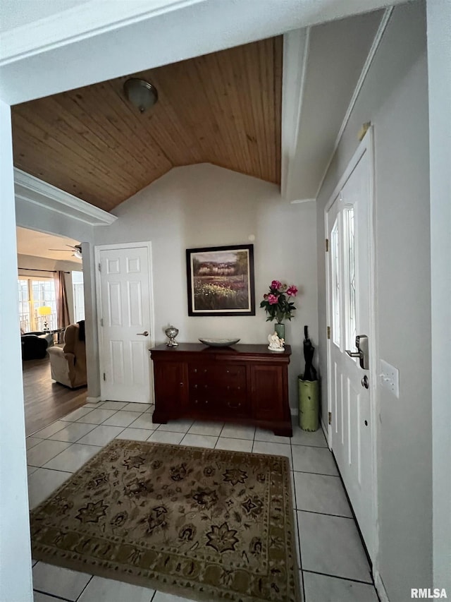 3305 Collingwood Dr, Springfield, IL 62711 - foyer entrance with light tile patterned floors, wooden ceiling, lofted ceiling, and ceiling fan