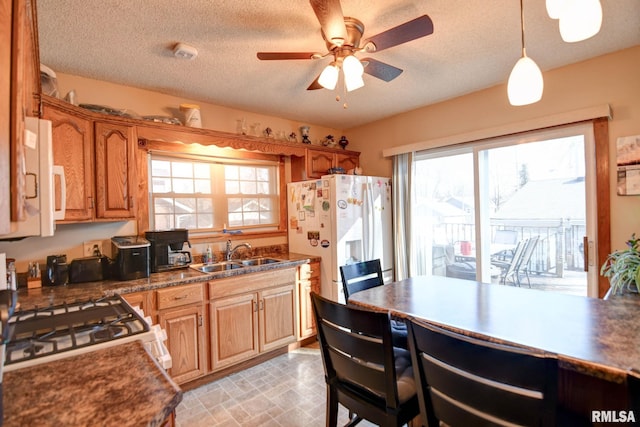 kitchen with white appliances, ceiling fan, a wealth of natural light, and a sink