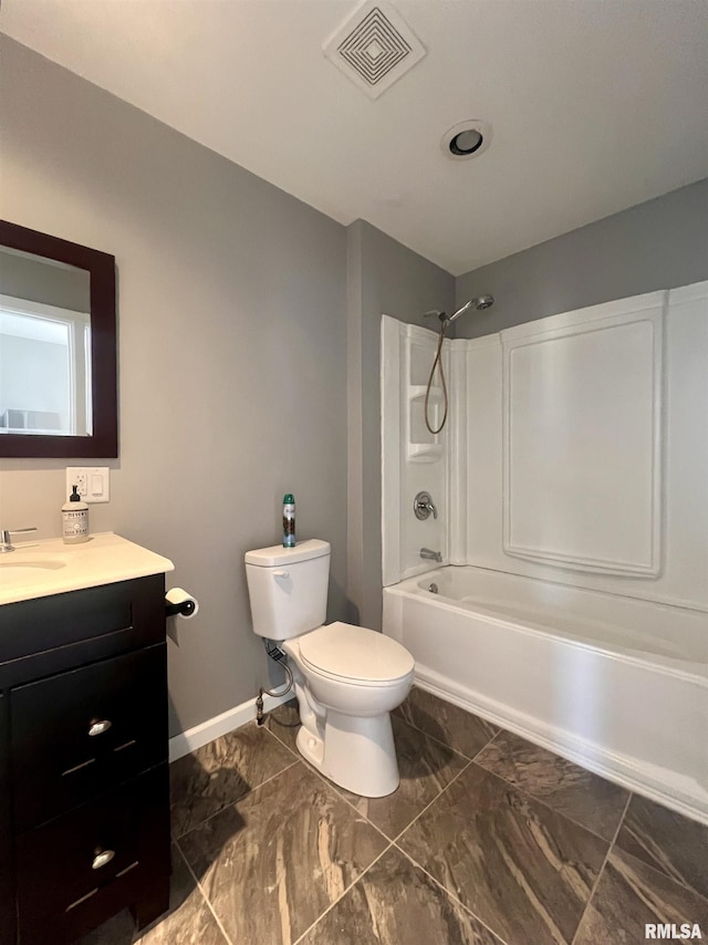 full bath featuring visible vents, baseboards, toilet, shower / tub combination, and vanity