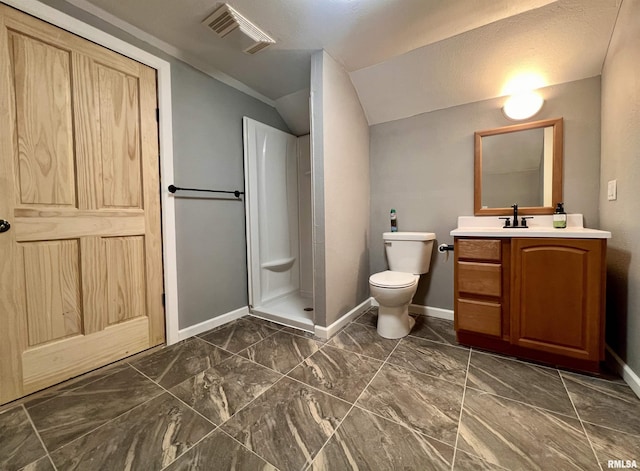 full bathroom with toilet, vanity, visible vents, vaulted ceiling, and a stall shower