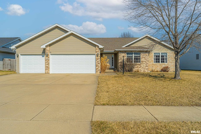 ranch-style house with an attached garage, fence, concrete driveway, and a front yard