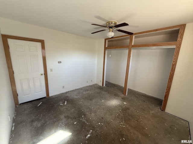 unfurnished bedroom with a closet and a ceiling fan