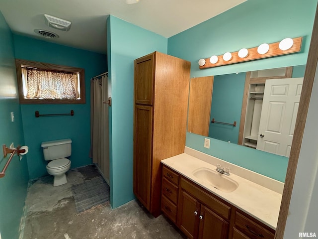 full bathroom with toilet, concrete floors, visible vents, and vanity