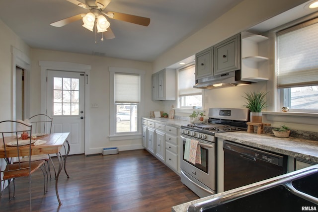 kitchen with dishwasher, a healthy amount of sunlight, gas stove, and under cabinet range hood