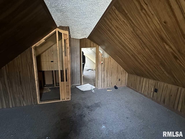additional living space with vaulted ceiling, carpet floors, and wooden walls