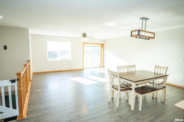 dining area with a ceiling fan, baseboards, and wood finished floors