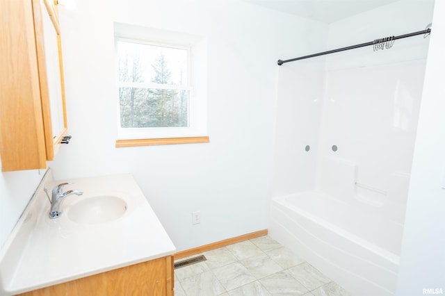full bath featuring shower / washtub combination, vanity, visible vents, and baseboards