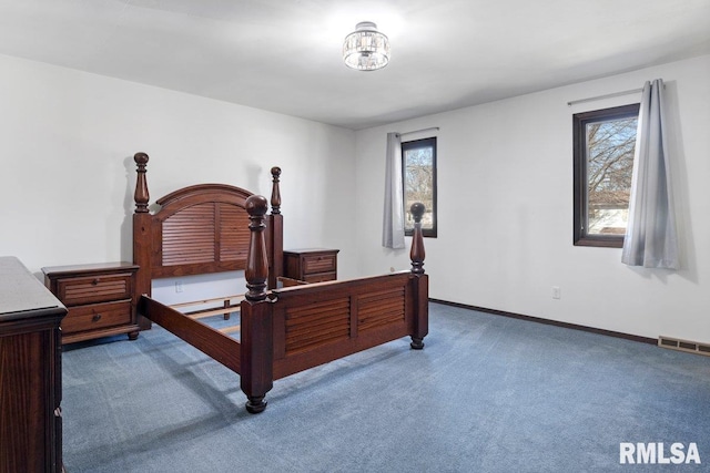 bedroom featuring carpet, visible vents, and baseboards