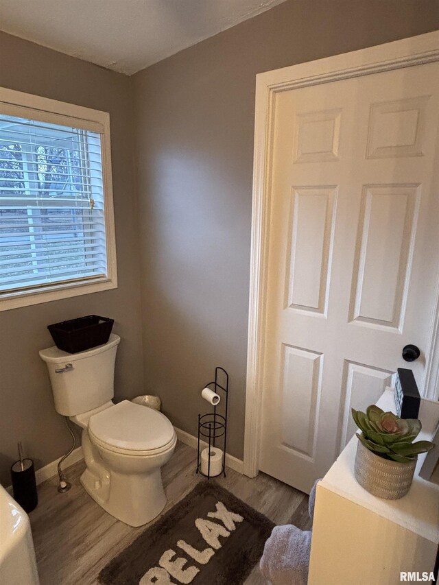 bathroom featuring toilet, baseboards, and wood finished floors