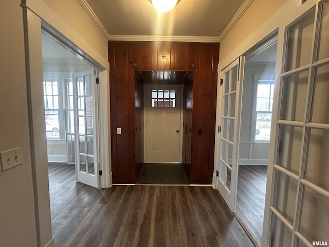 entrance foyer featuring ornamental molding, french doors, dark wood-type flooring, and a wealth of natural light