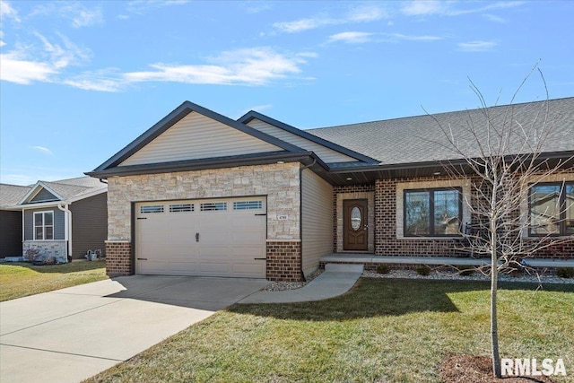 ranch-style home featuring driveway, a front lawn, a garage, stone siding, and brick siding