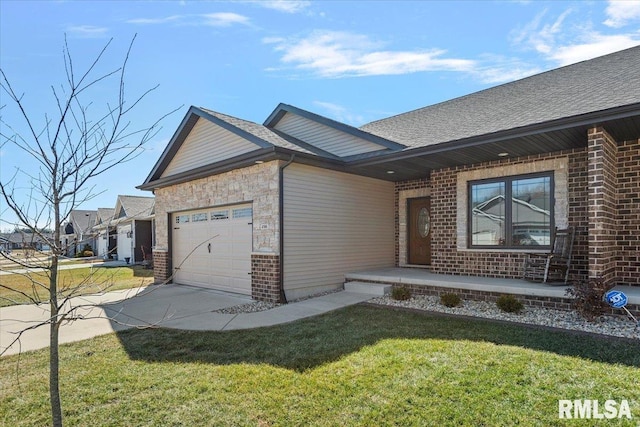 exterior space with a front yard, a shingled roof, concrete driveway, a garage, and brick siding