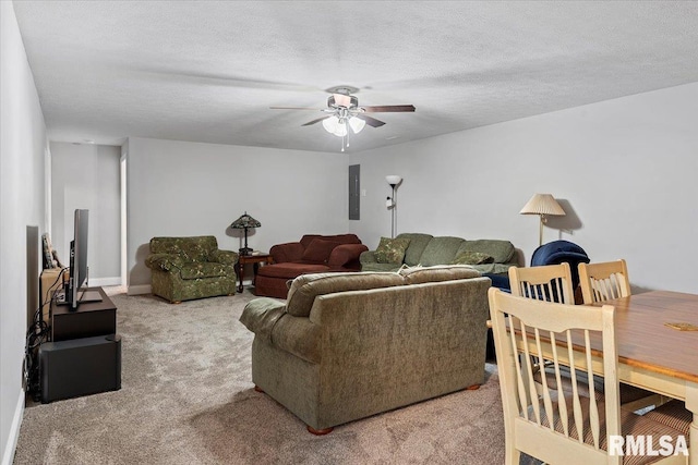 carpeted living room with electric panel, a textured ceiling, and ceiling fan